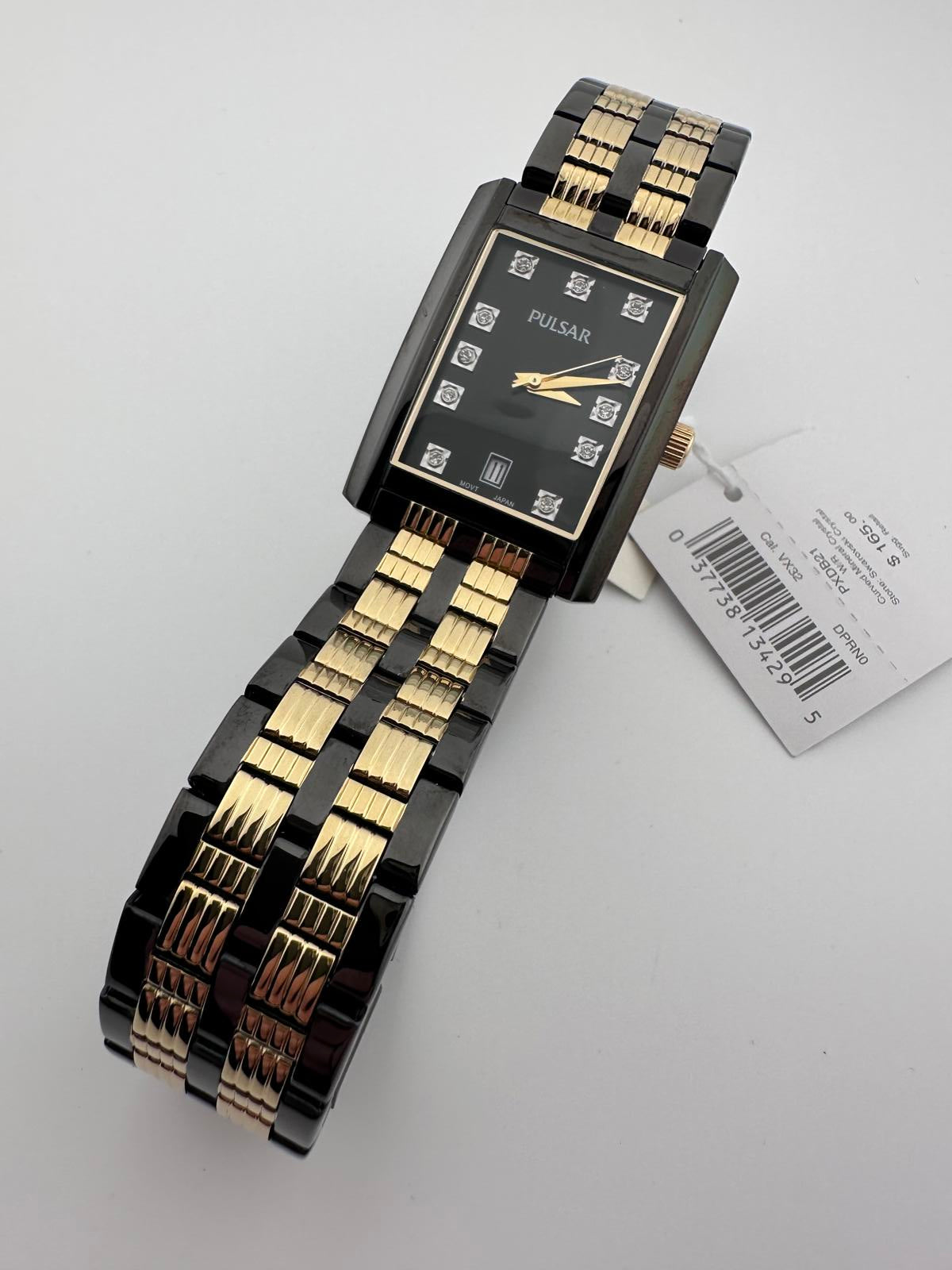 Pulsar Tank Watch Black Gold Swarovski NOS Box Papers