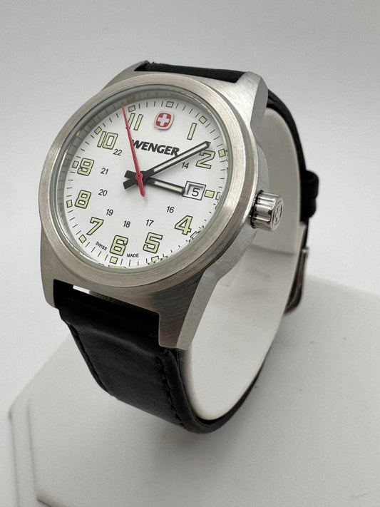 Wenger Swiss Made 7292X Quartz Watch – 30mm White Dial, Black Leather Band