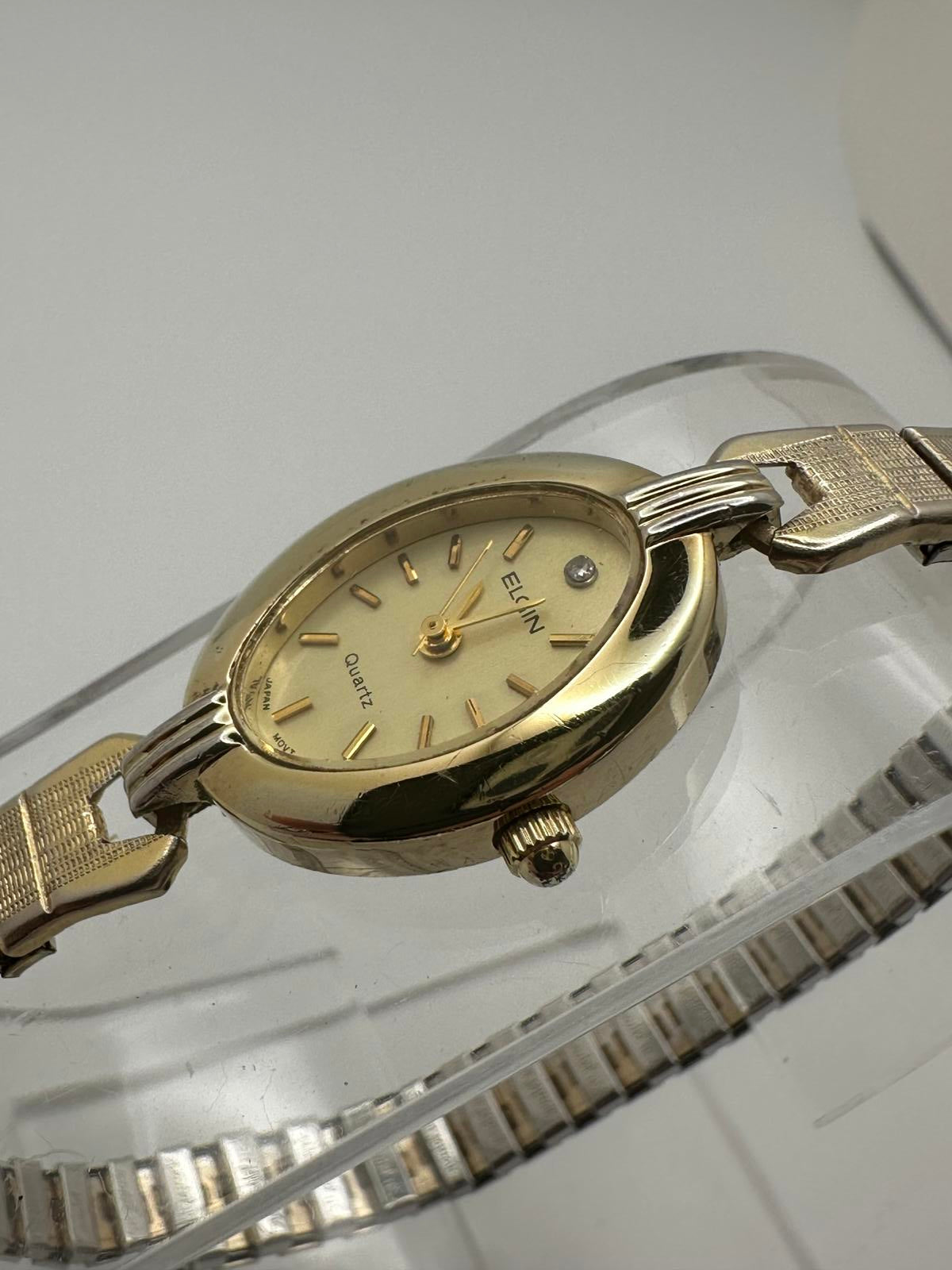 Vintage Elgin Women’s Quartz Watch Petite Gold Tone Stretch Band New Battery