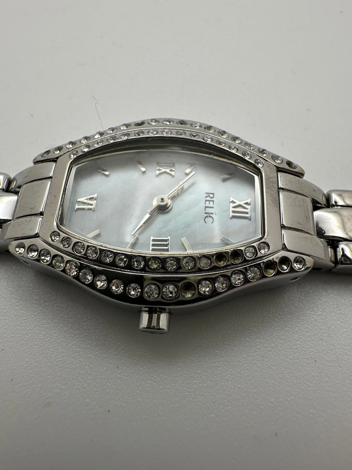 Relic Women’s Silver Crystal Quartz Watch Mother of Pearl Dial | New Battery