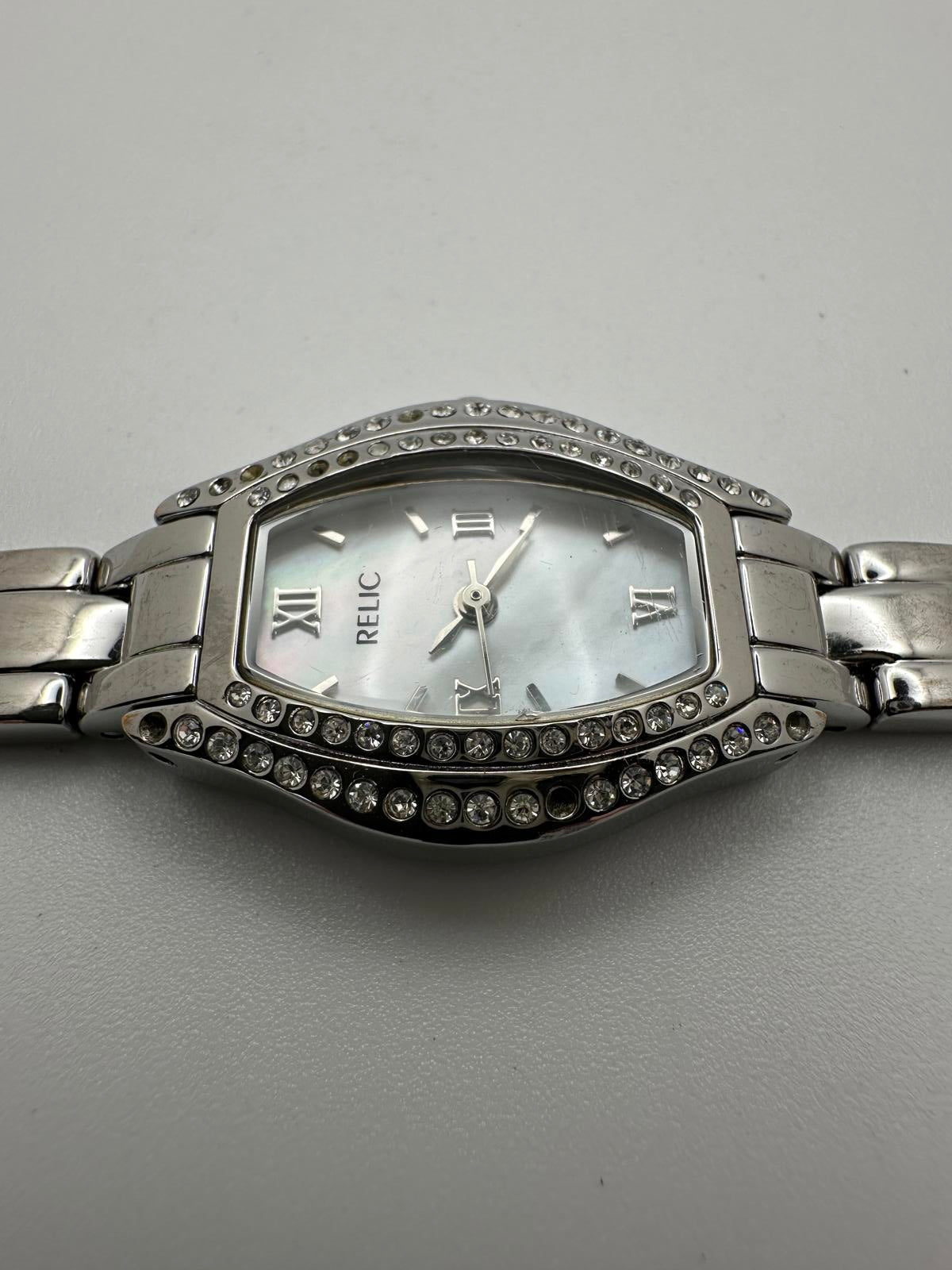 Relic Women’s Silver Crystal Quartz Watch Mother of Pearl Dial | New Battery