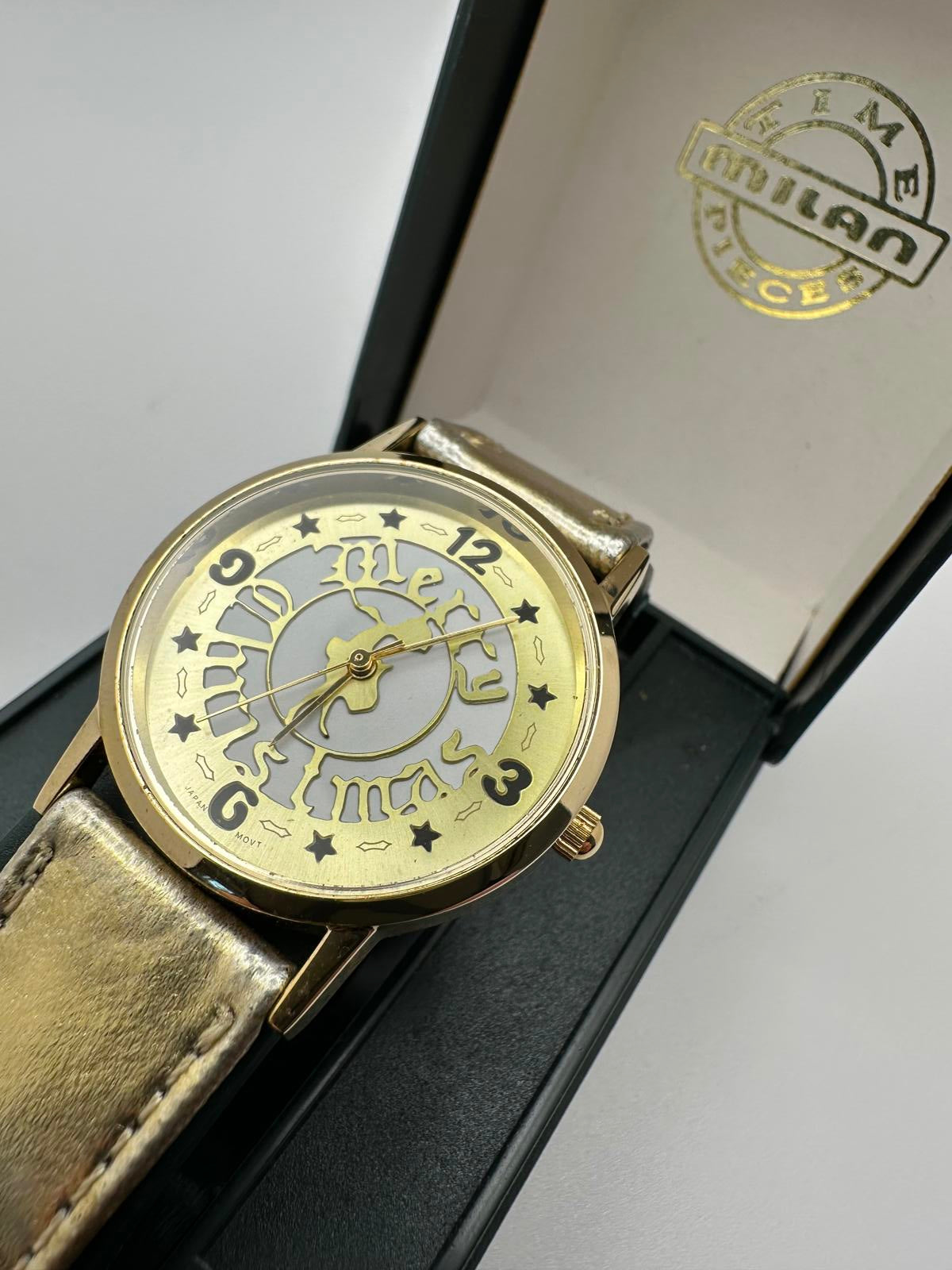 Vintage Milan Gold Tone Watch 33mm Unisex Quartz Holiday Ready "Merry Christmas"