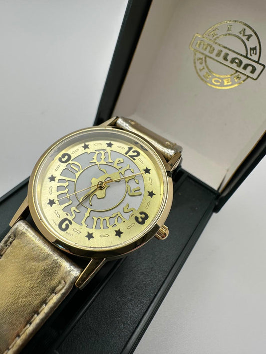 Vintage Milan Gold Tone Watch 33mm Unisex Quartz Holiday Ready "Merry Christmas"