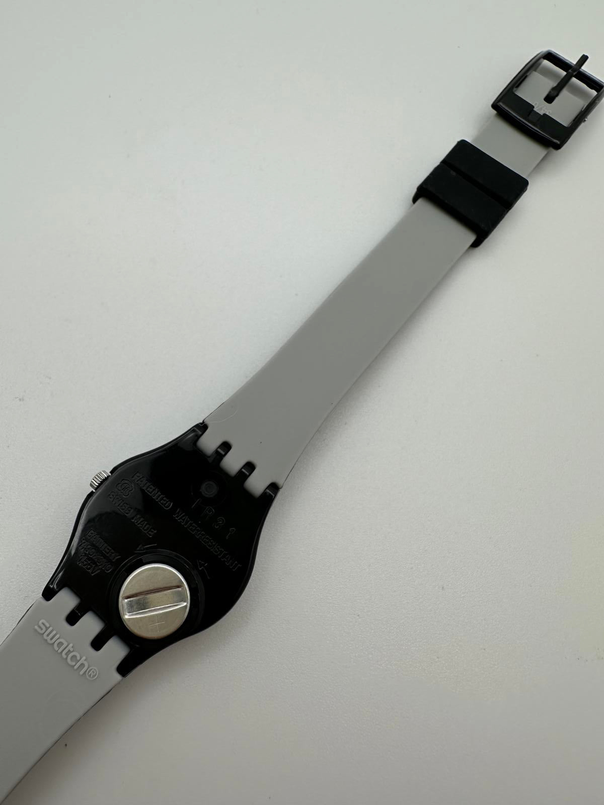 Swatch Swiss Made Quartz Watch 25mm Silver Dial Black Long Strap Vintage