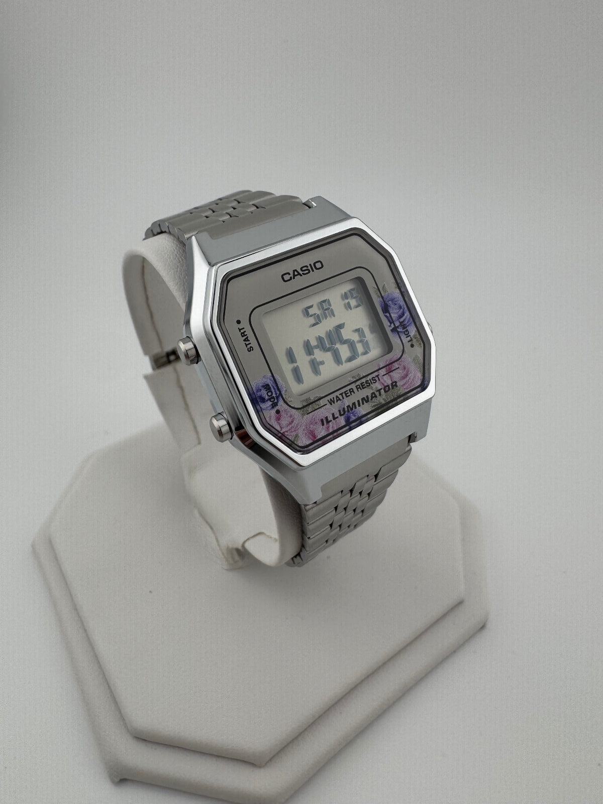 Casio Vintage Floral Digital Watch, Silver Stainless Steel Bracelet, Unisex