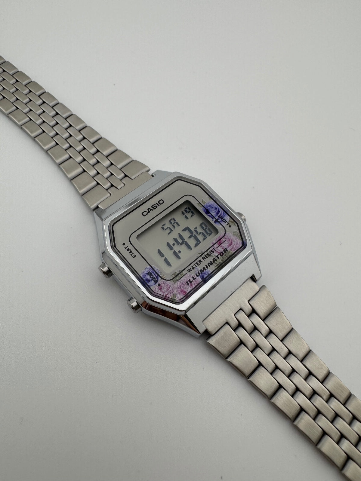 Casio Vintage Floral Digital Watch, Silver Stainless Steel Bracelet, Unisex