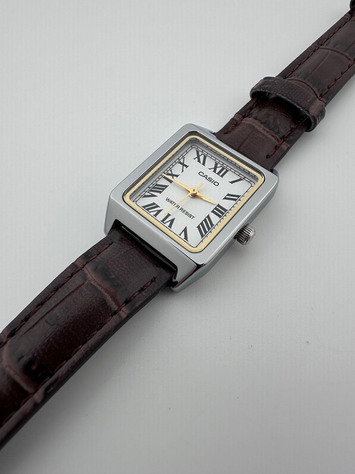 Casio Womens Quartz Tank Watch 22mm White Dial Roman Brown Leather LTP-V007L-7B