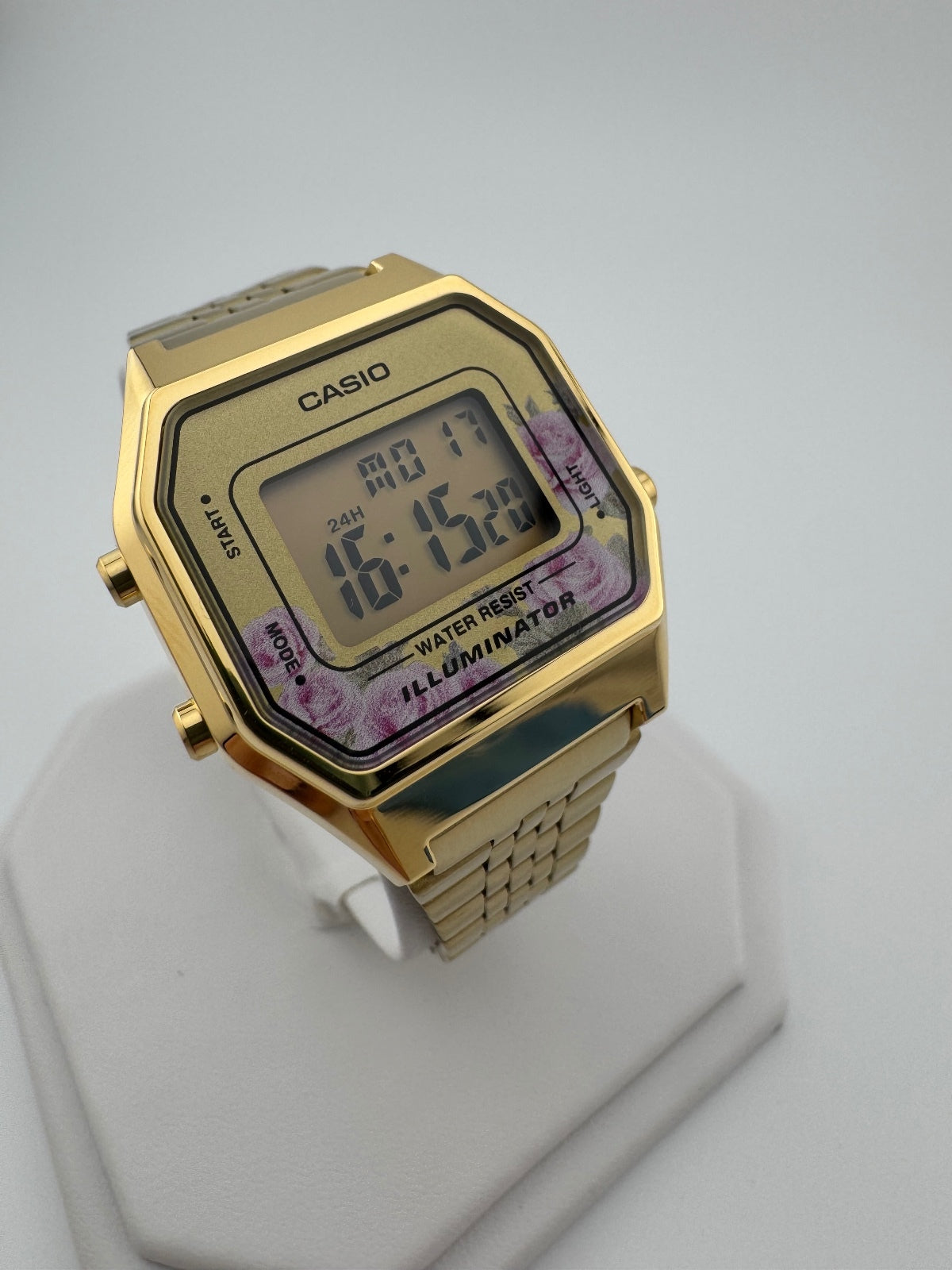 Casio LA680WGA-4C Gold Digital Watch, Vintage Style Floral Face