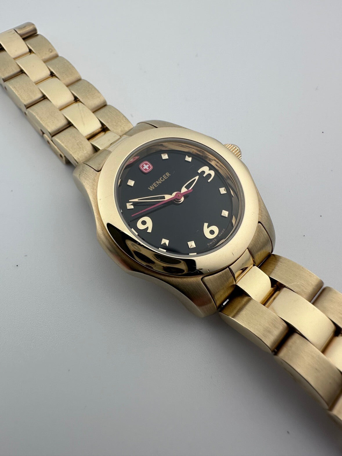 Wenger Womens Swiss Quartz Watch 28mm Gold Tone Black Dial Running 2000s