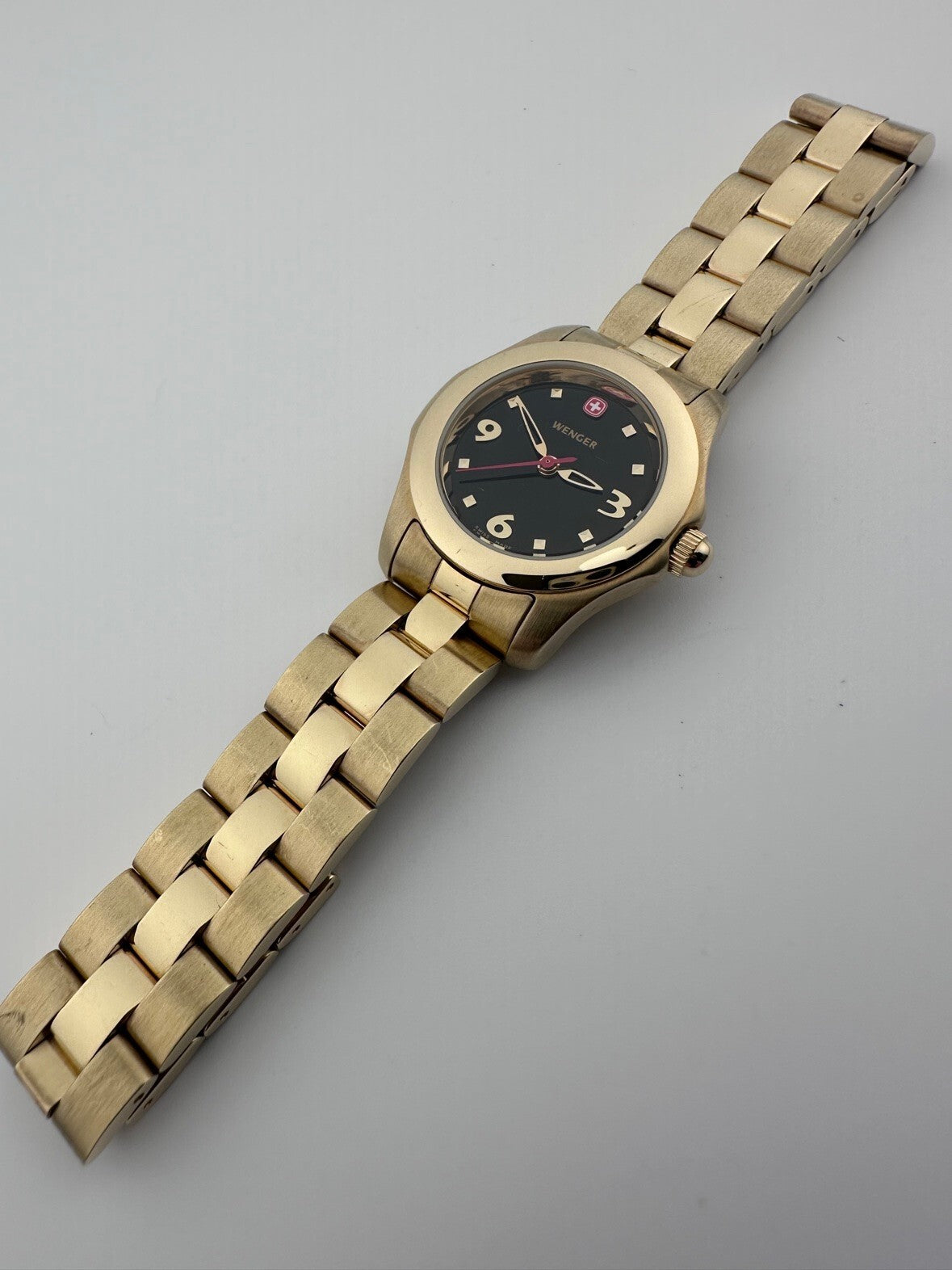 Wenger Womens Swiss Quartz Watch 28mm Gold Tone Black Dial Running 2000s