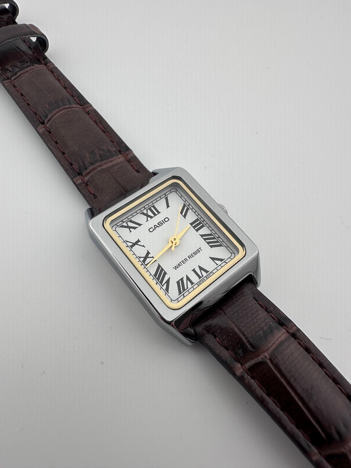 Casio Womens Quartz Tank Watch 22mm White Dial Roman Brown Leather LTP-V007L-7B
