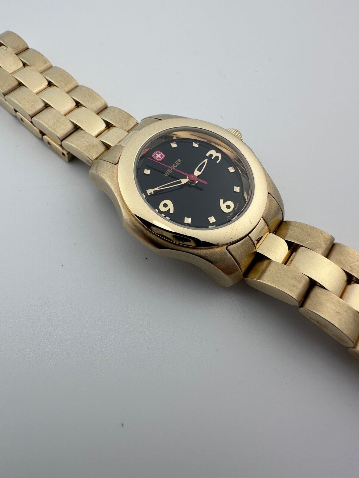 Wenger Womens Swiss Quartz Watch 28mm Gold Tone Black Dial Running 2000s