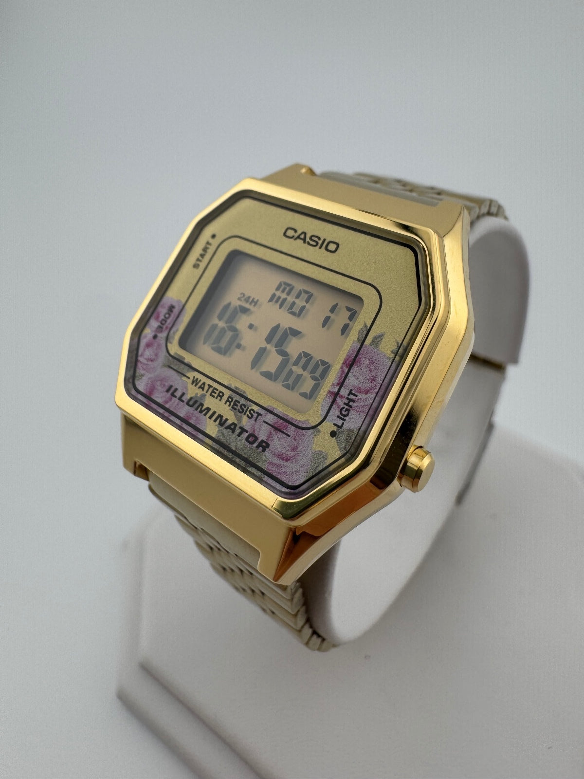 Casio LA680WGA-4C Gold Digital Watch, Vintage Style Floral Face