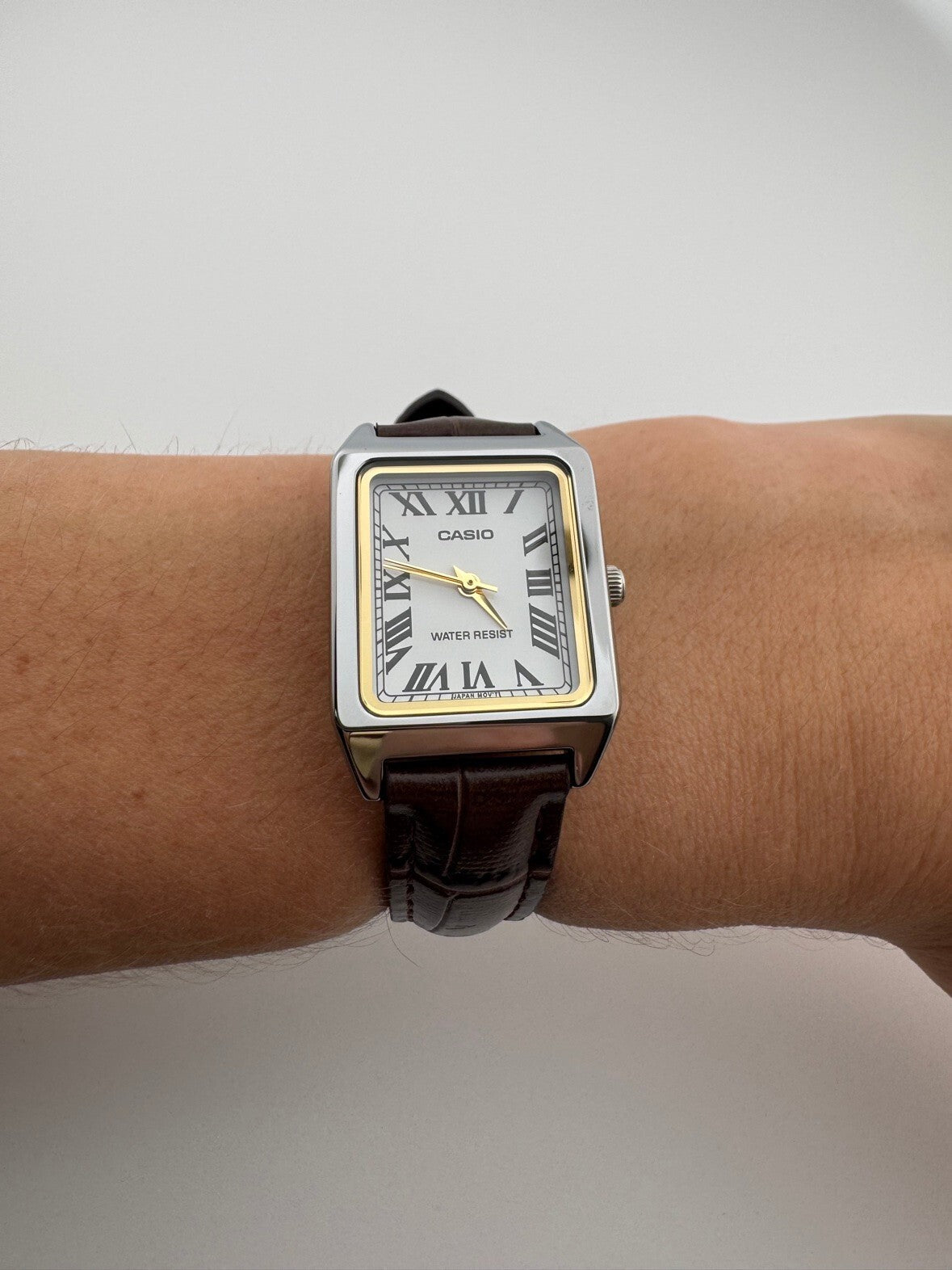 Casio Womens Quartz Tank Watch 22mm White Dial Roman Brown Leather LTP-V007L-7B