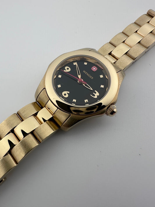 Wenger Womens Swiss Quartz Watch 28mm Gold Tone Black Dial Running 2000s