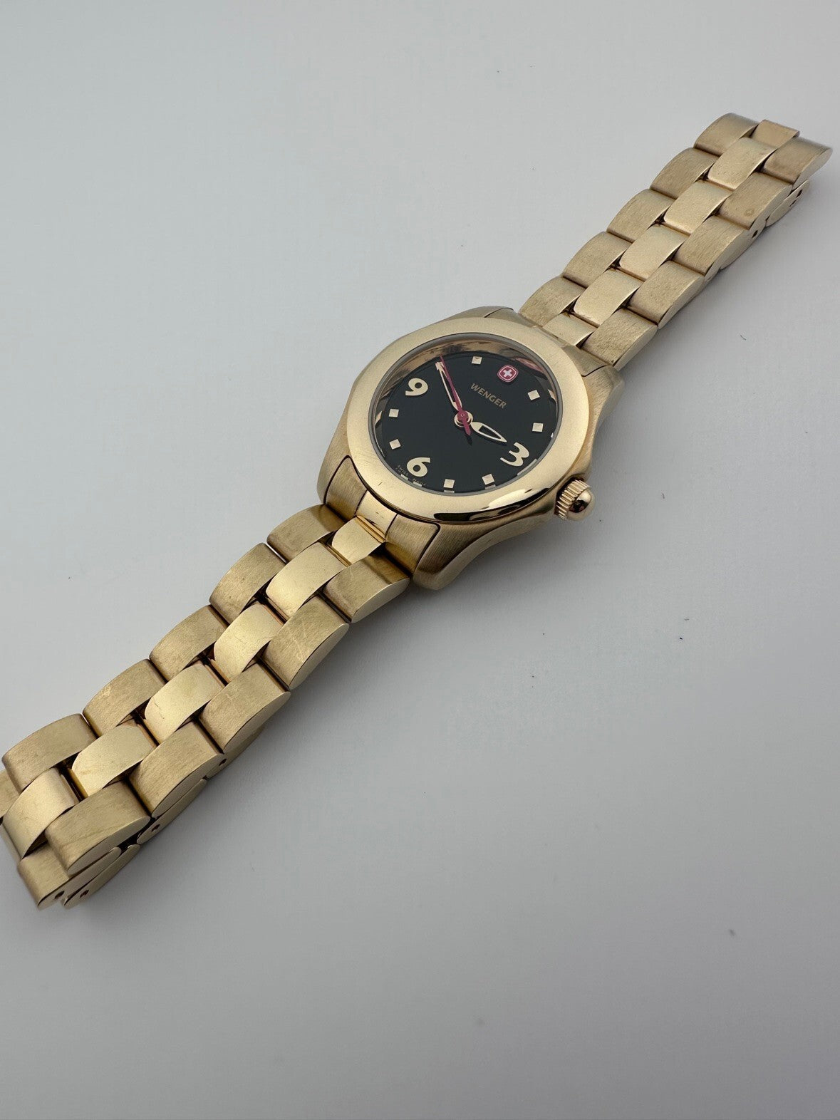 Wenger Womens Swiss Quartz Watch 28mm Gold Tone Black Dial Running 2000s
