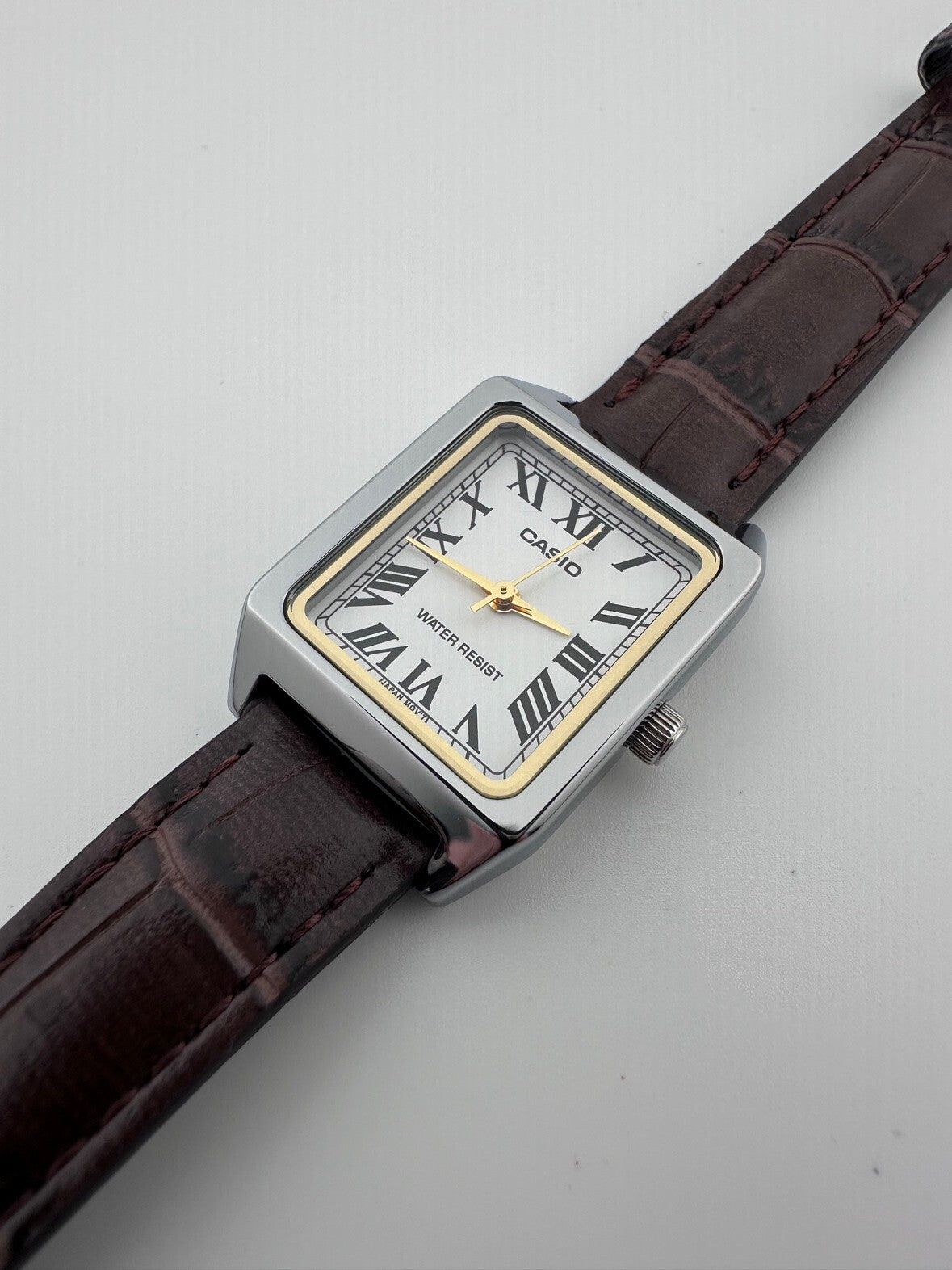 Casio Womens Quartz Tank Watch 22mm White Dial Roman Brown Leather LTP-V007L-7B