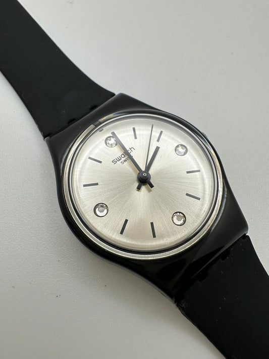 Swatch Swiss Made Quartz Watch 25mm Silver Dial Black Long Strap Vintage