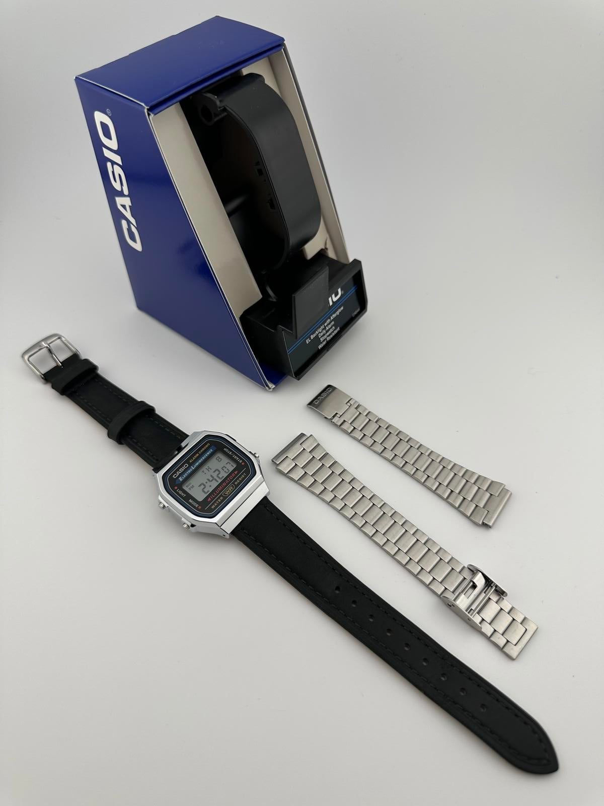 Casio Vintage Digital Watch Black Leather Band Original Steel Bracelet Box