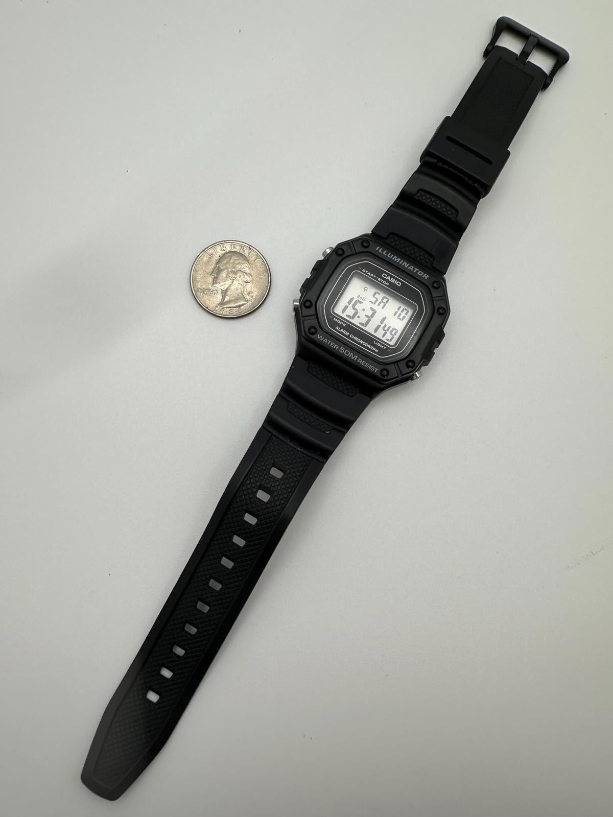Casio Illuminator Digital Watch – Model 3224 W-218H – Black Resin Strap, 50M Water Resistant, Alarm & Chronograph