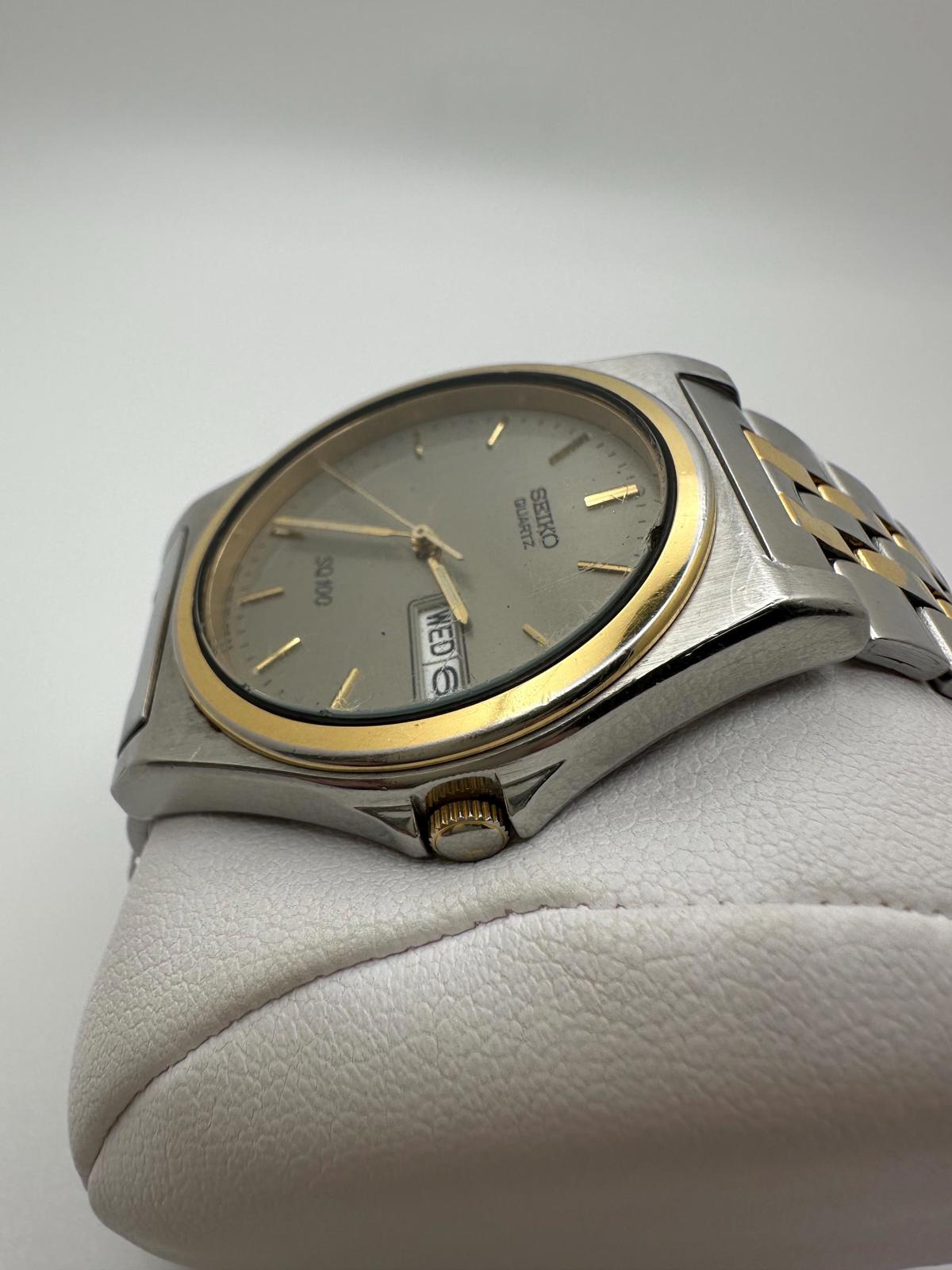 Vintage Seiko SQ100 Two-Tone Watch – 90s Quartz 7N43 Grey Dial Day-Date 35mm