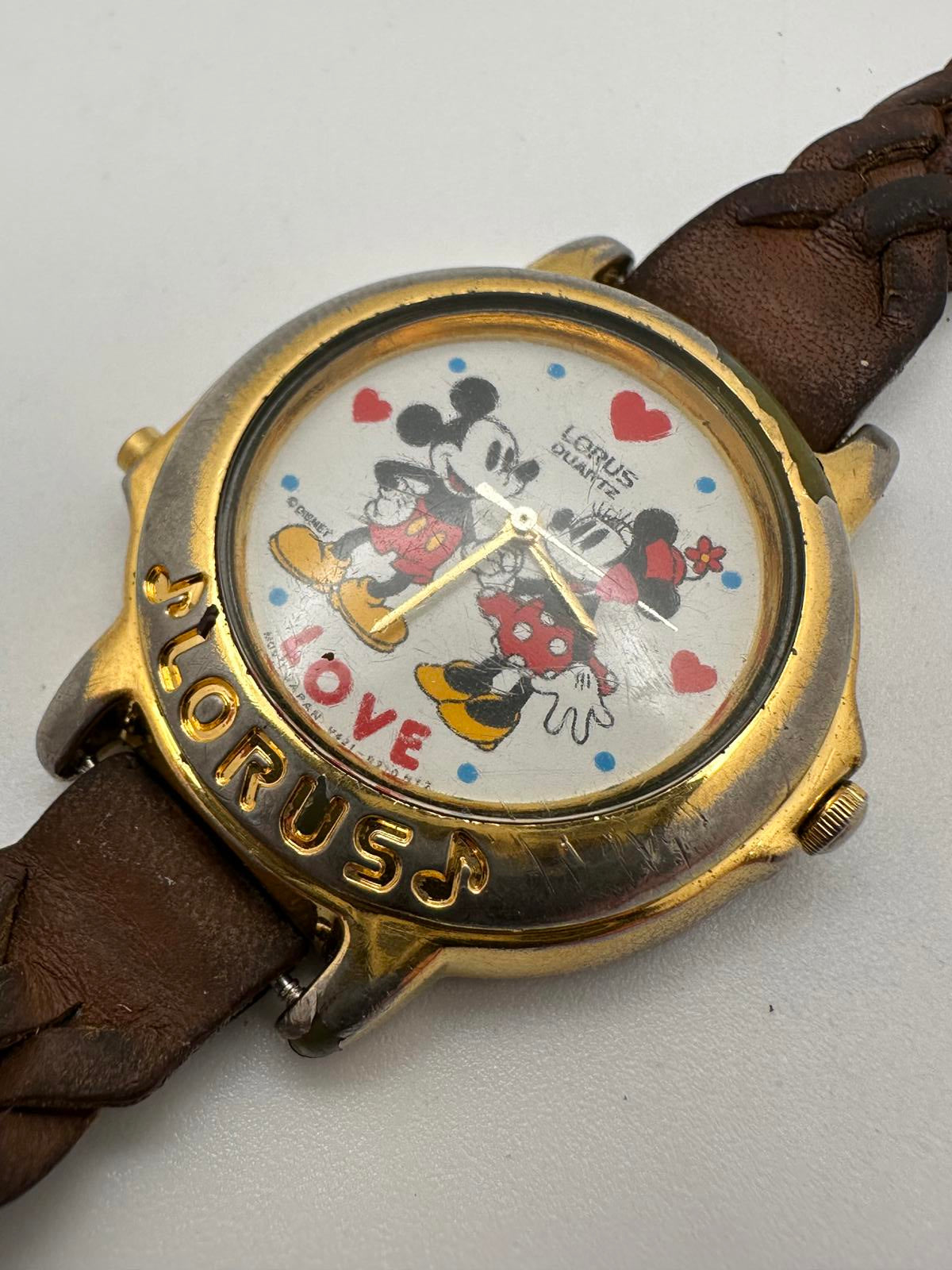 Vintage Lorus Disney Mickey & Minnie Musical Quartz Watch Gold Tone Love Dial