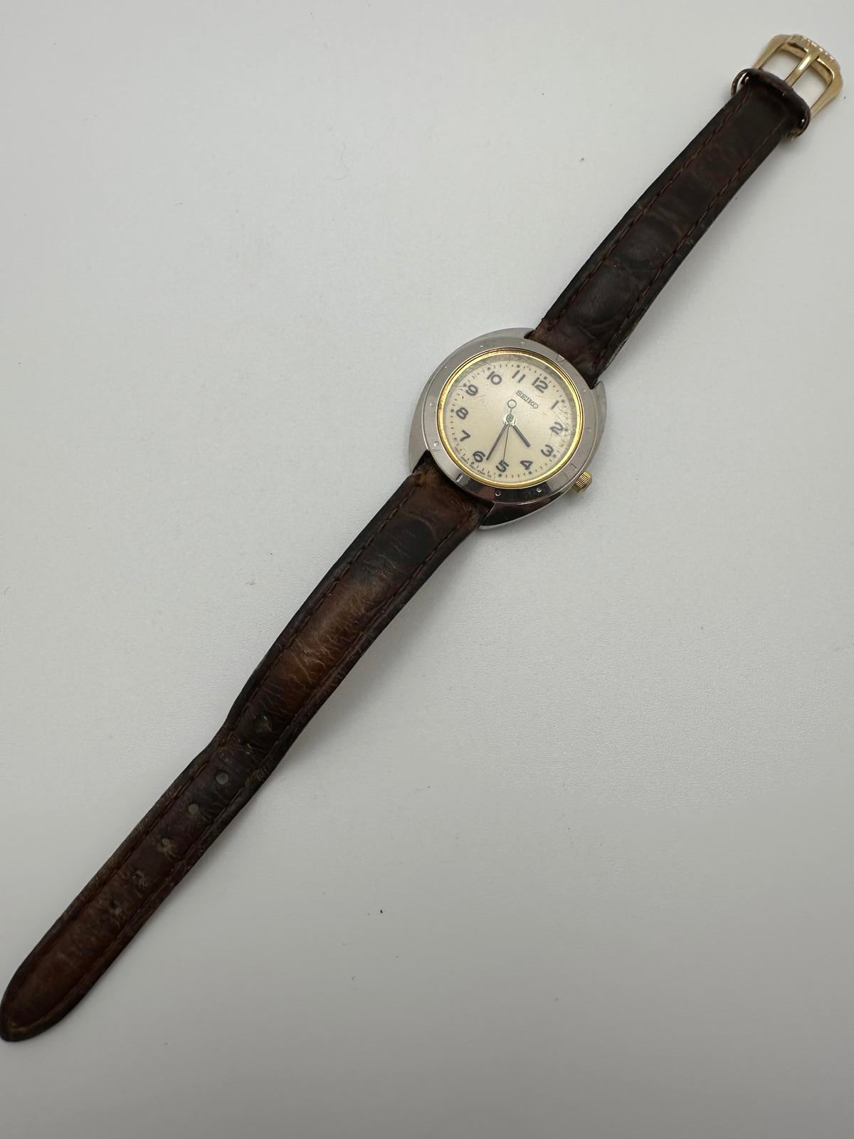 Vintage Seiko 28mm Cream Dial Quartz Watch w/ Pulsar Leather Strap