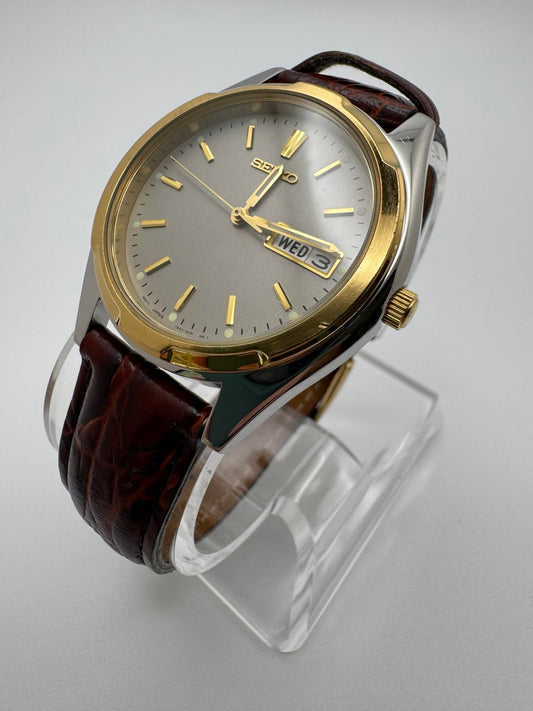 Seiko Men’s Quartz 34mm Watch 1990s Two-Tone Gold Silver Case Gray Dial Day-Date