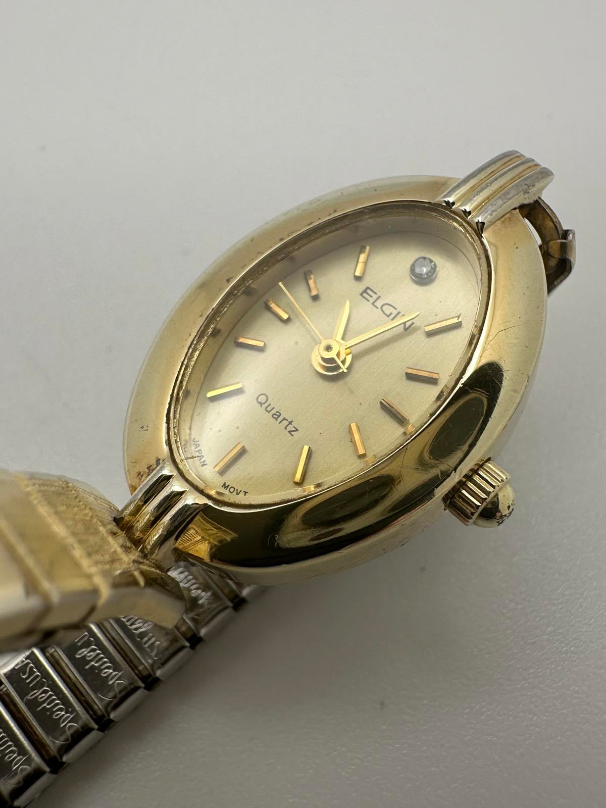Vintage Elgin Women’s Quartz Watch Petite Gold Tone Stretch Band New Battery
