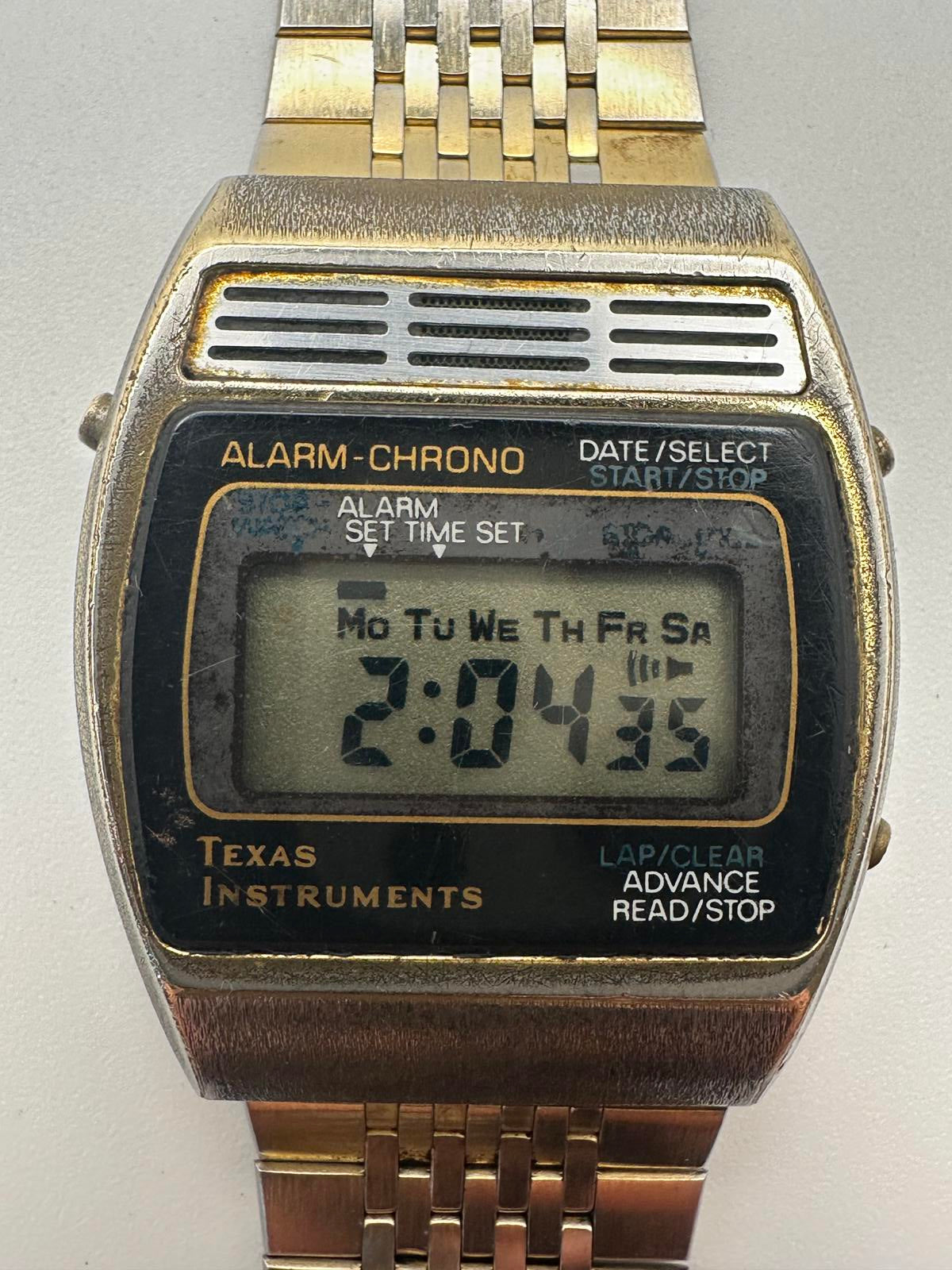 Vintage Texas Instruments Digital Alarm Chrono Watch Gold Tone 34mm 1970s-1980s