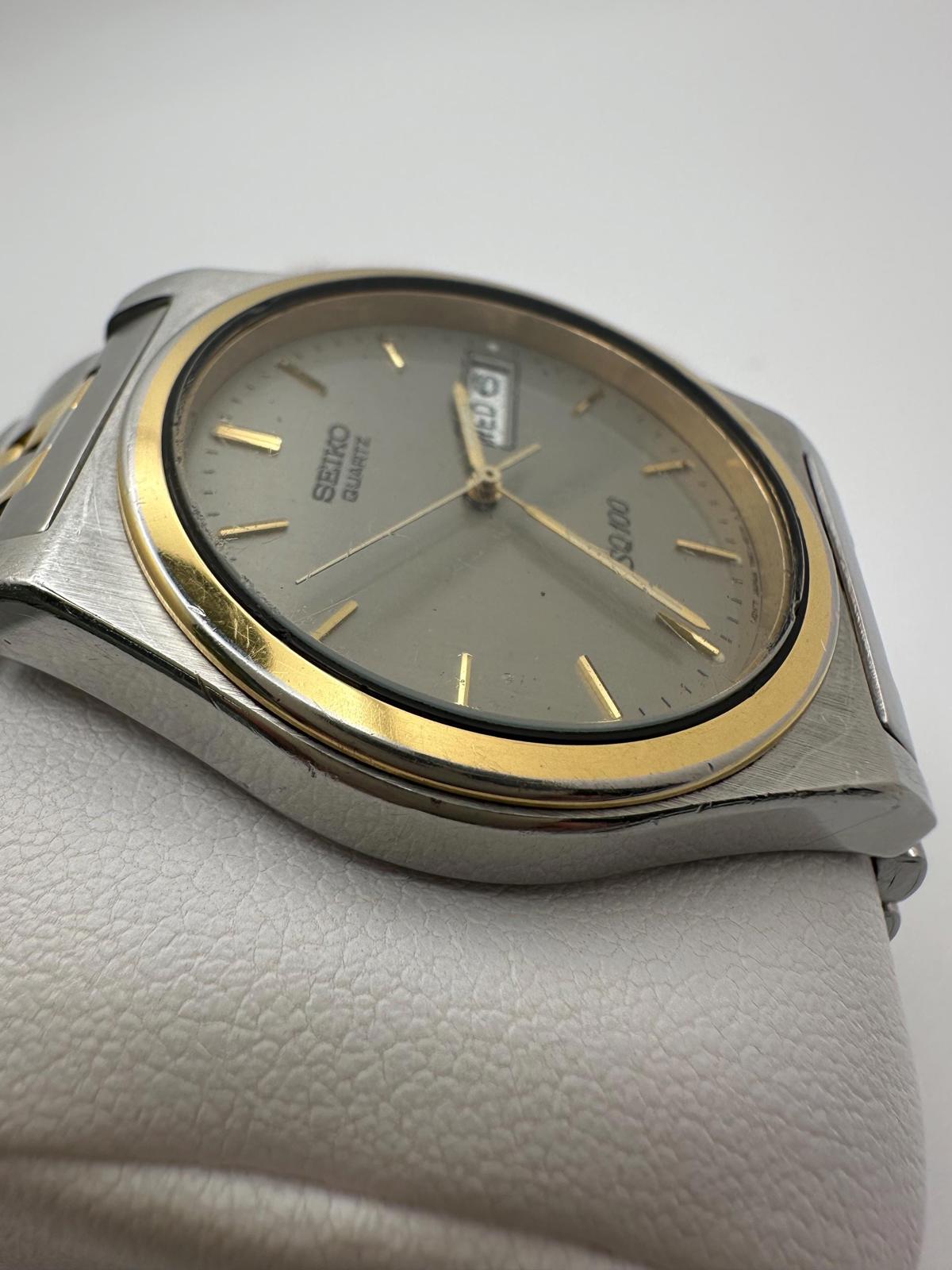Vintage Seiko SQ100 Two-Tone Watch – 90s Quartz 7N43 Grey Dial Day-Date 35mm