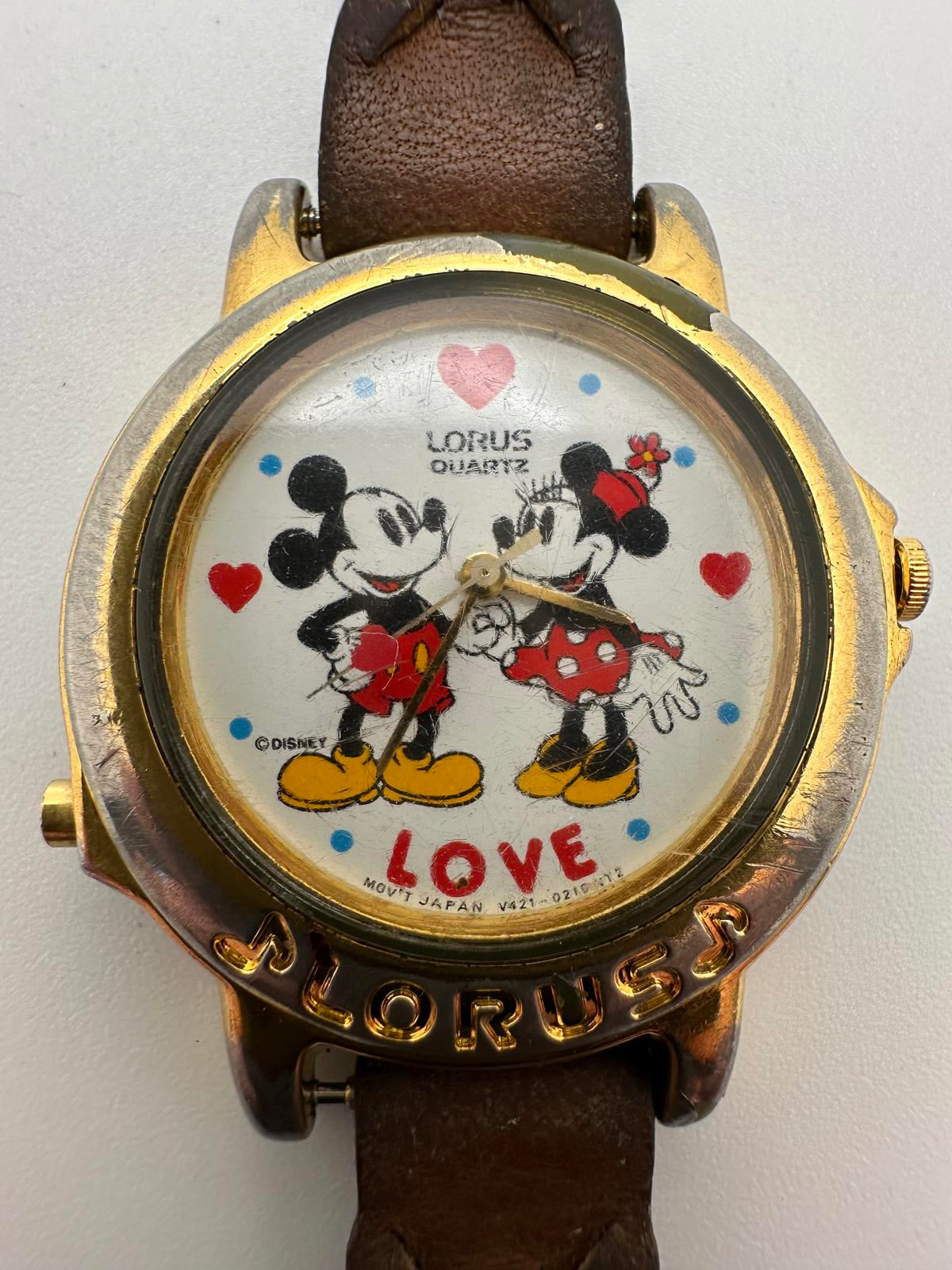 Vintage Lorus Disney Mickey & Minnie Musical Quartz Watch Gold Tone Love Dial