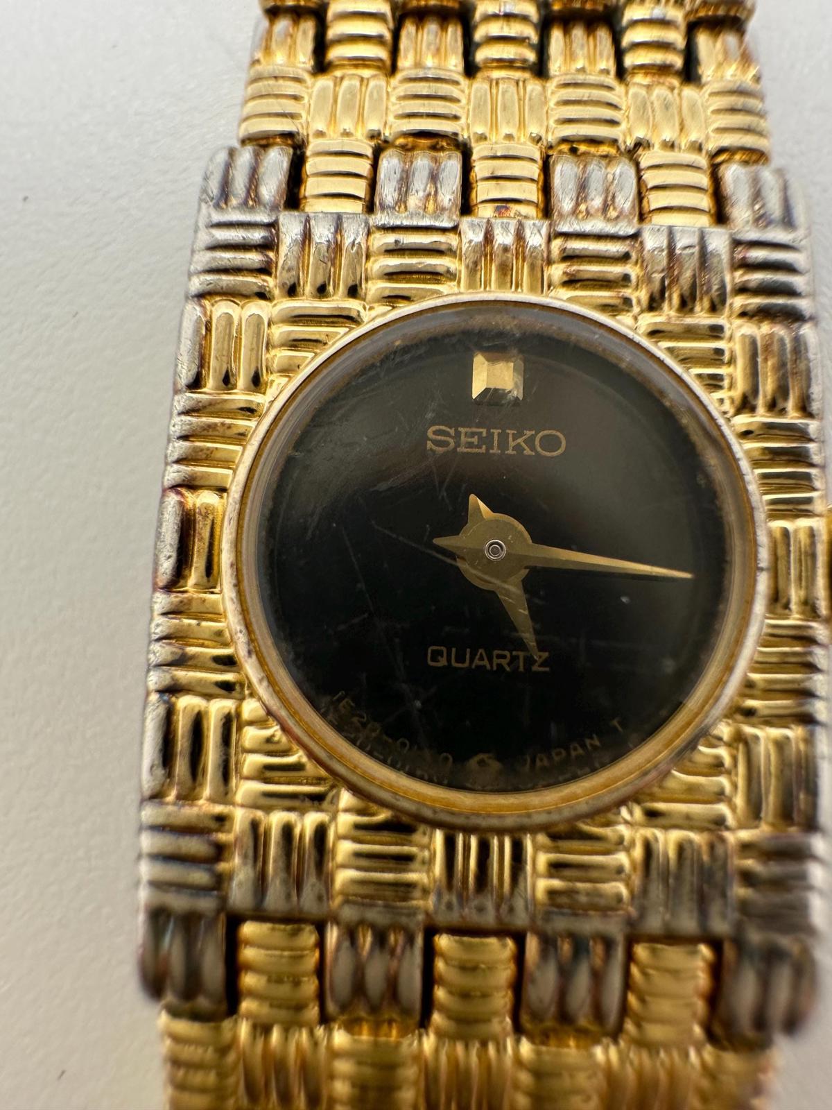 80s-90s Seiko Quartz 1E20 Women’s Gold Bracelet Watch Black Dial New Battery