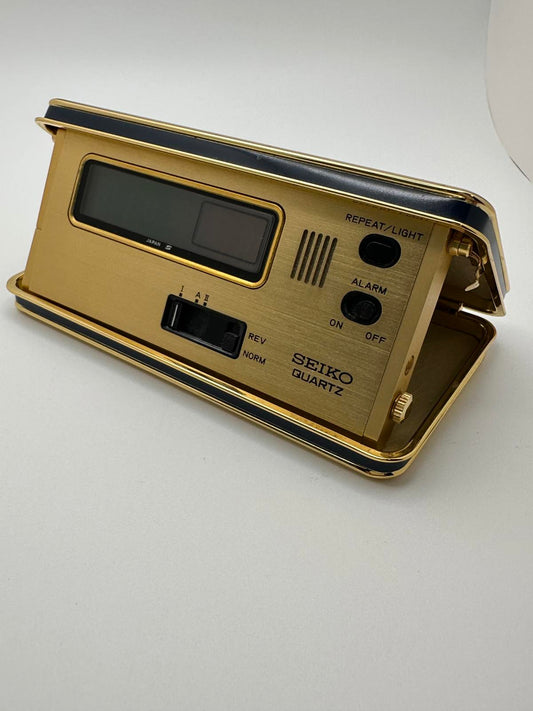 Vintage Seiko Quartz Travel Alarm Desk Clock, Gold & Blue Tone, Parts or Repair