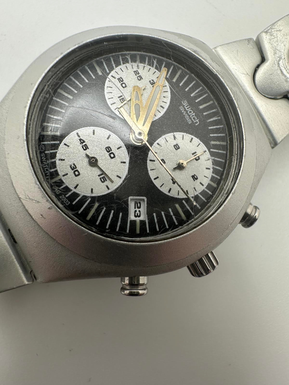 Vintage Swatch Mens Chronograph Watch 35mm Stainless Steel New Battery