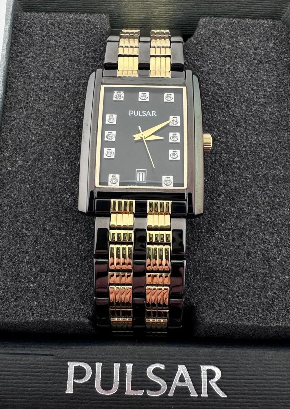Pulsar Tank Watch Black Gold Swarovski NOS Box Papers