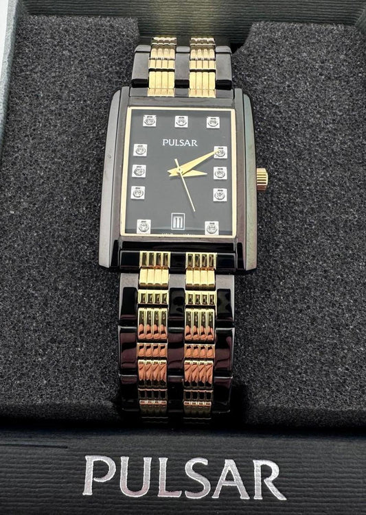 Pulsar Tank Watch Black Gold Swarovski NOS Box Papers