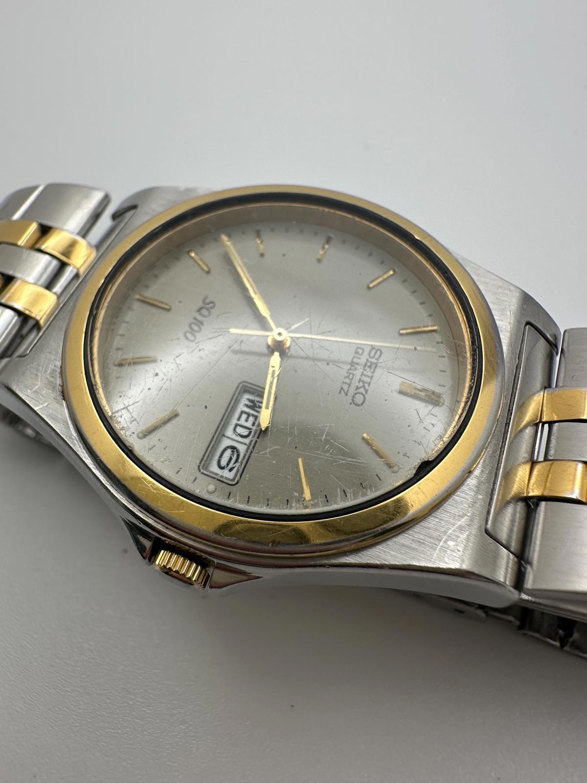 Vintage Seiko SQ100 Two-Tone Watch – 90s Quartz 7N43 Grey Dial Day-Date 35mm