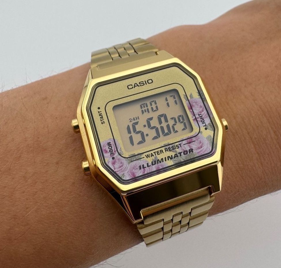 Casio LA680WGA-4C Gold Digital Watch, Vintage Style Floral Face
