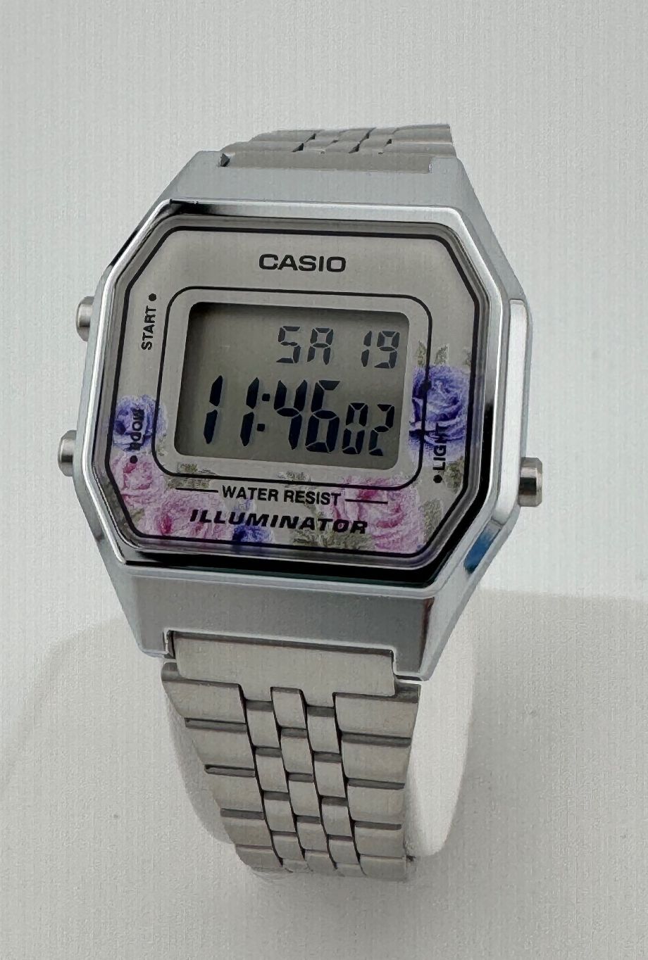 Casio Vintage Floral Digital Watch, Silver Stainless Steel Bracelet, Unisex