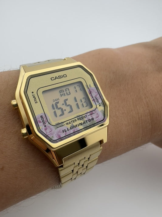 Casio LA680WGA-4C Gold Digital Watch, Vintage Style Floral Face